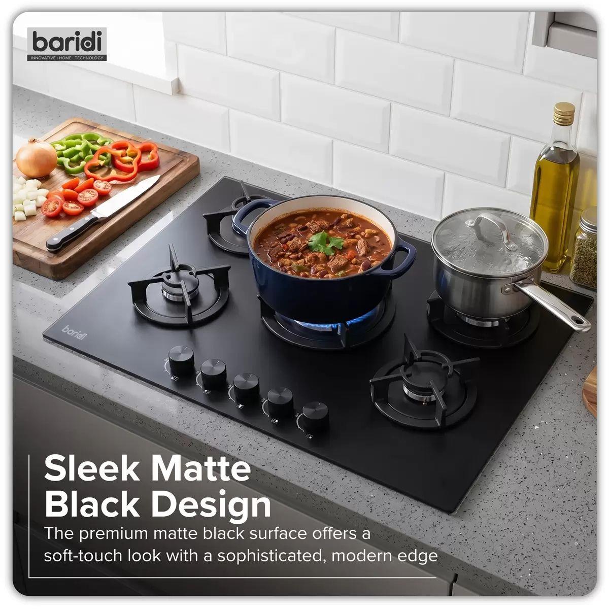 Sealey DH384 Baridi 70cm Gas Hob Matt Black with 5 Burners, Cast Iron Supports & Auto Ignition 10.4kW/230V