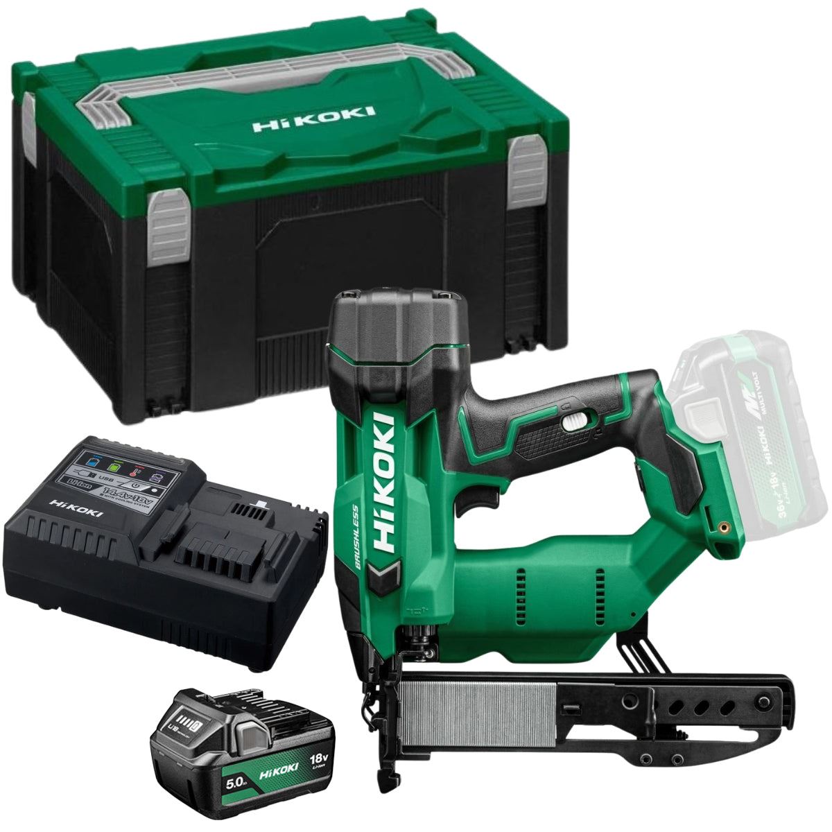 Hikoki N1804DAW6Z 18V Brushless 2nd Generation 18G Narrow Crown Stapler with 1 x 5.0Ah Battery Charger & Case