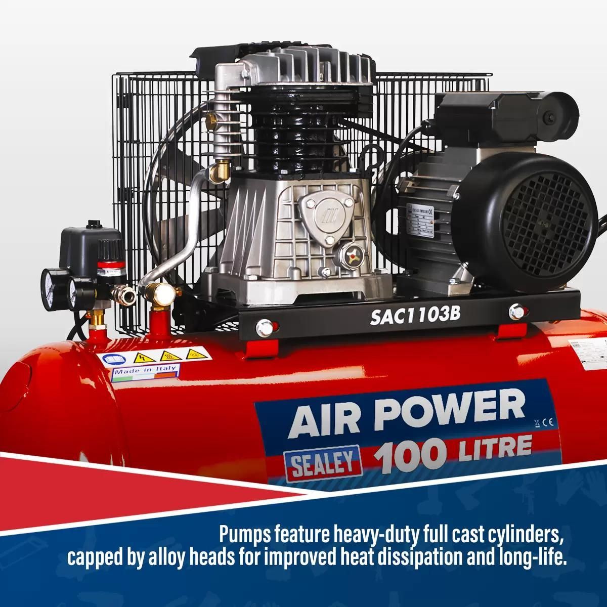 Sealey SAC1103B 100L Belt Drive Compressor with Motor & Cast Cylinders 230V