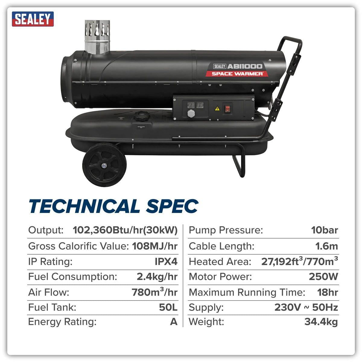 Sealey ABI1000 Kerosene/Diesel Indirect Oil Fired Space Heater with Wheels 230V