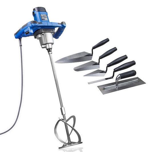 Hyundai HYPM1600E Paddle Mixer with 5-Piece Trowel Set 230V/1600W Mixing Tool for Plaster, Mortar & Paint
