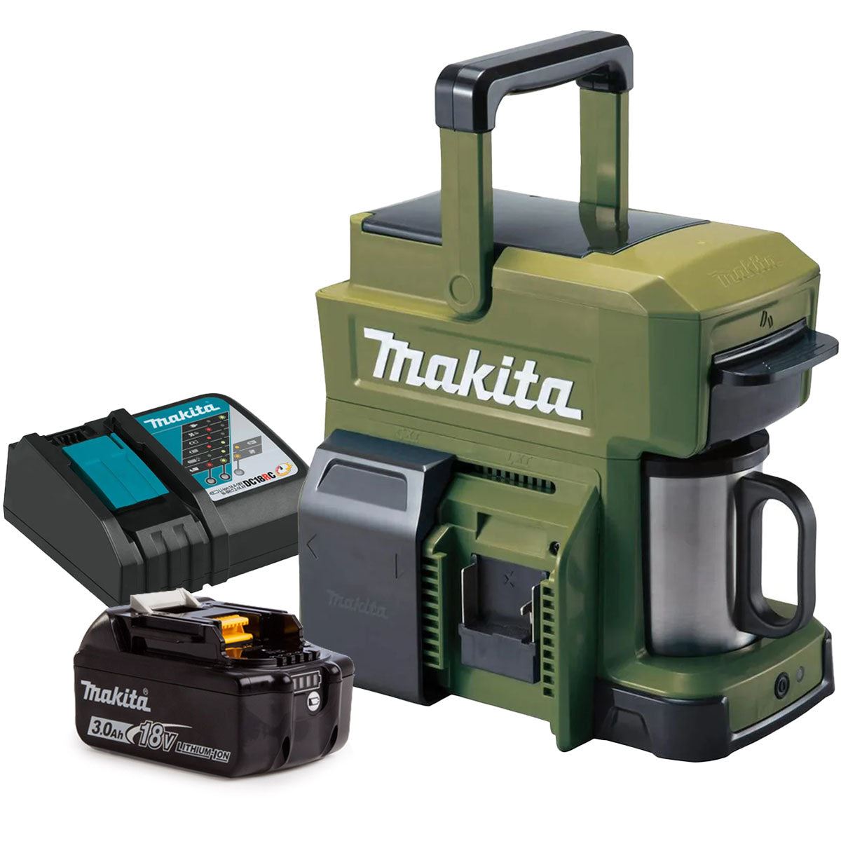 Makita DCM501ZO 10.8V CXT / 18V LXT Cordless Olive Green Coffee Maker with 1 x 3.0Ah Battery & Charger
