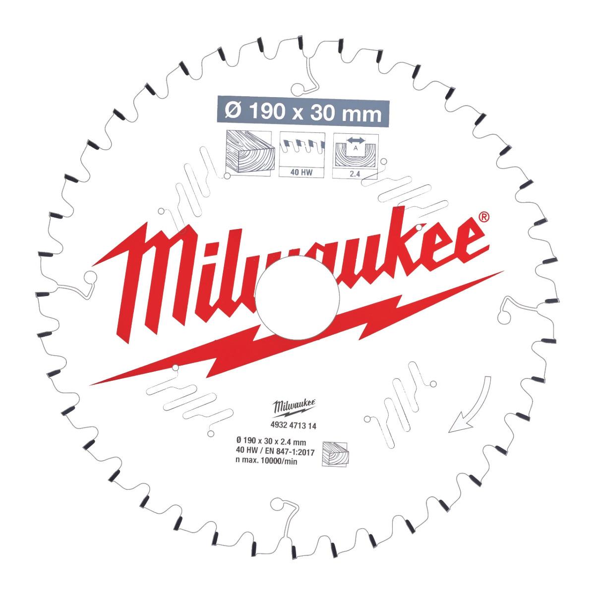 Milwaukee 190mm x 30mm 40T Wood Mitre Saw Blade 4932471314