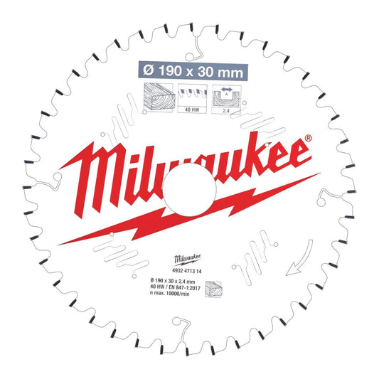 Milwaukee 190mm x 30mm 40T Wood Mitre Saw Blade 4932471314