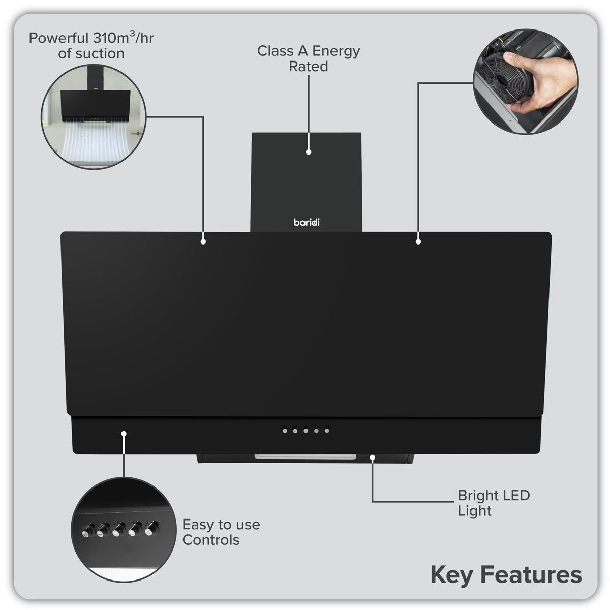 Sealey DH106 Baridi Angled Chimney Cooker Hood with Carbon Filters & LED Lamp 90cm Black Glass