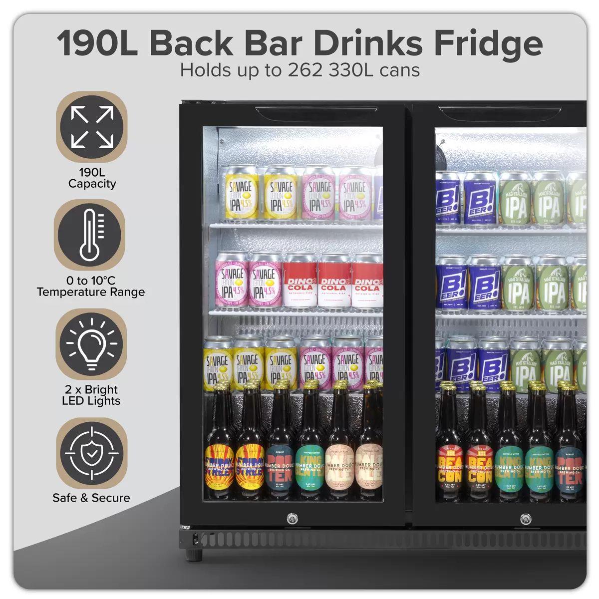 Sealey DH272 Baridi Bar Drinks Fridge/Cooler with Double Hinged Door & Security Lock 190L Black 240V