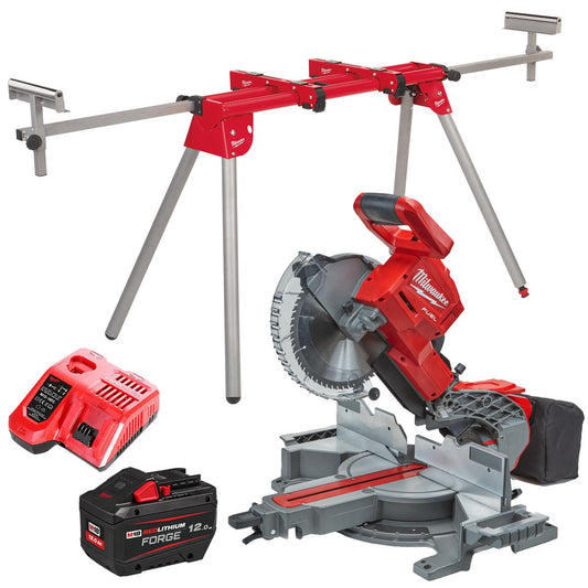 Milwaukee M18FMS254-0 18V FUEL Brushless 254mm Compound Mitre Saw with 1 x 12.0Ah Battery Charger & Extendable Saw Stand