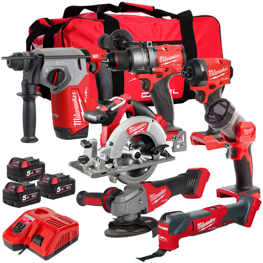 Milwaukee M18 FPP7A3-503B 18V FUEL Brushless 7 Piece Tool Kit 3 x 5.0Ah Batteries Charger & Wheeled Bag