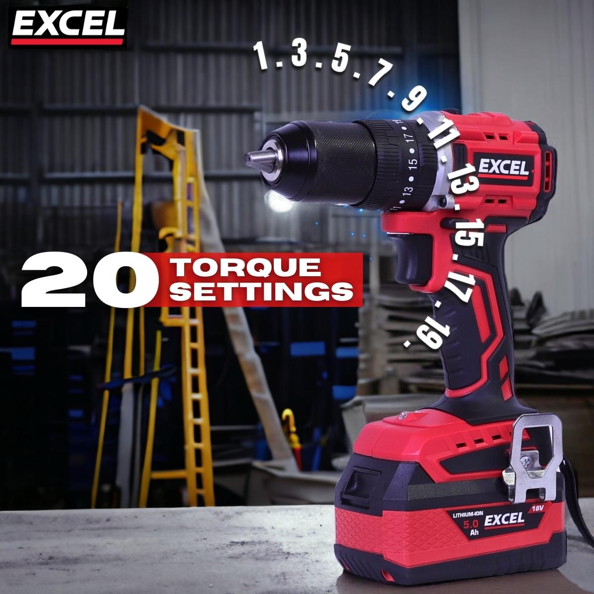 Excel 18V Brushless Twin Pack Impact Driver & Combi Drill with 2 x 2.0Ah Battery & Charger