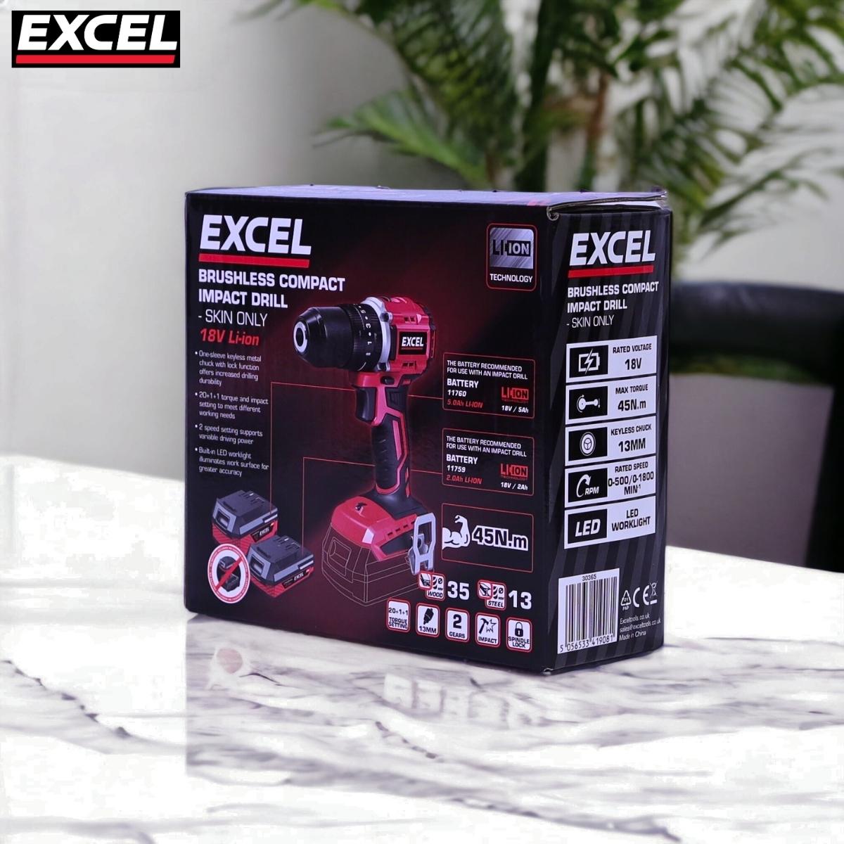 Excel 18V Brushless Combi Drill Body Only (Battery & Charger Not Included)