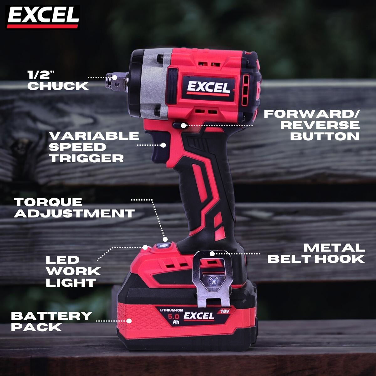 Excel 18V 10 Piece Power Tool Kit with 4 x 5.0Ah Batteries & Charger EXLKIT-16296