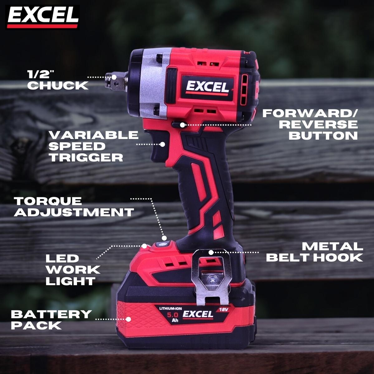 Excel 18V Cordless Brushless 1/2'' Impact Wrench with 1 x 5.0Ah Battery & Charger