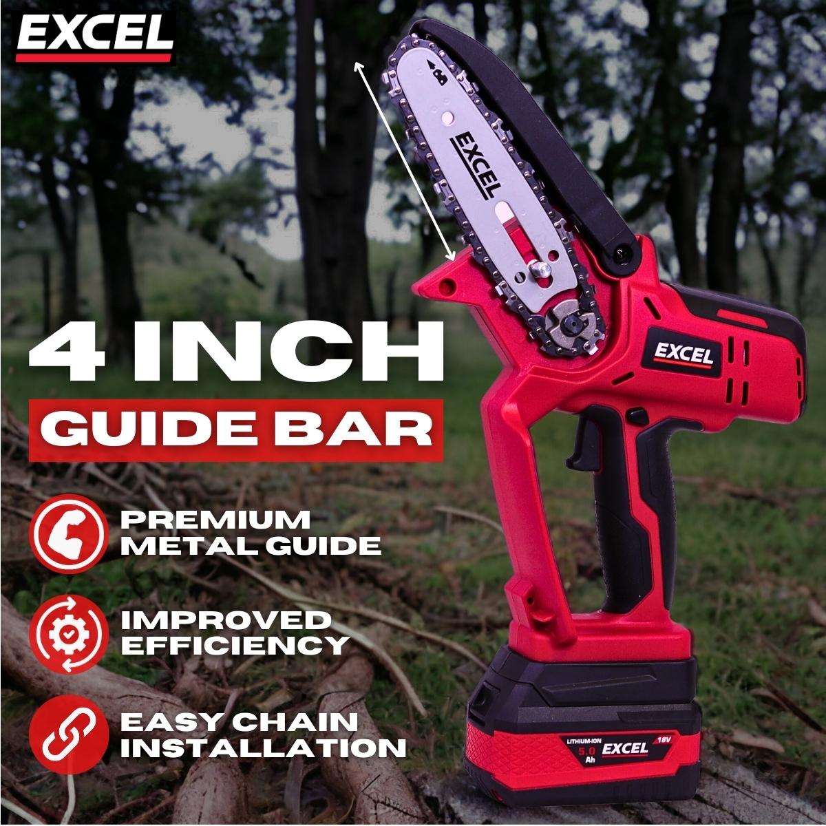 Excel 18V Cordless Mini Chain Saw with 1 x 5.0Ah Battery Charger & Bag