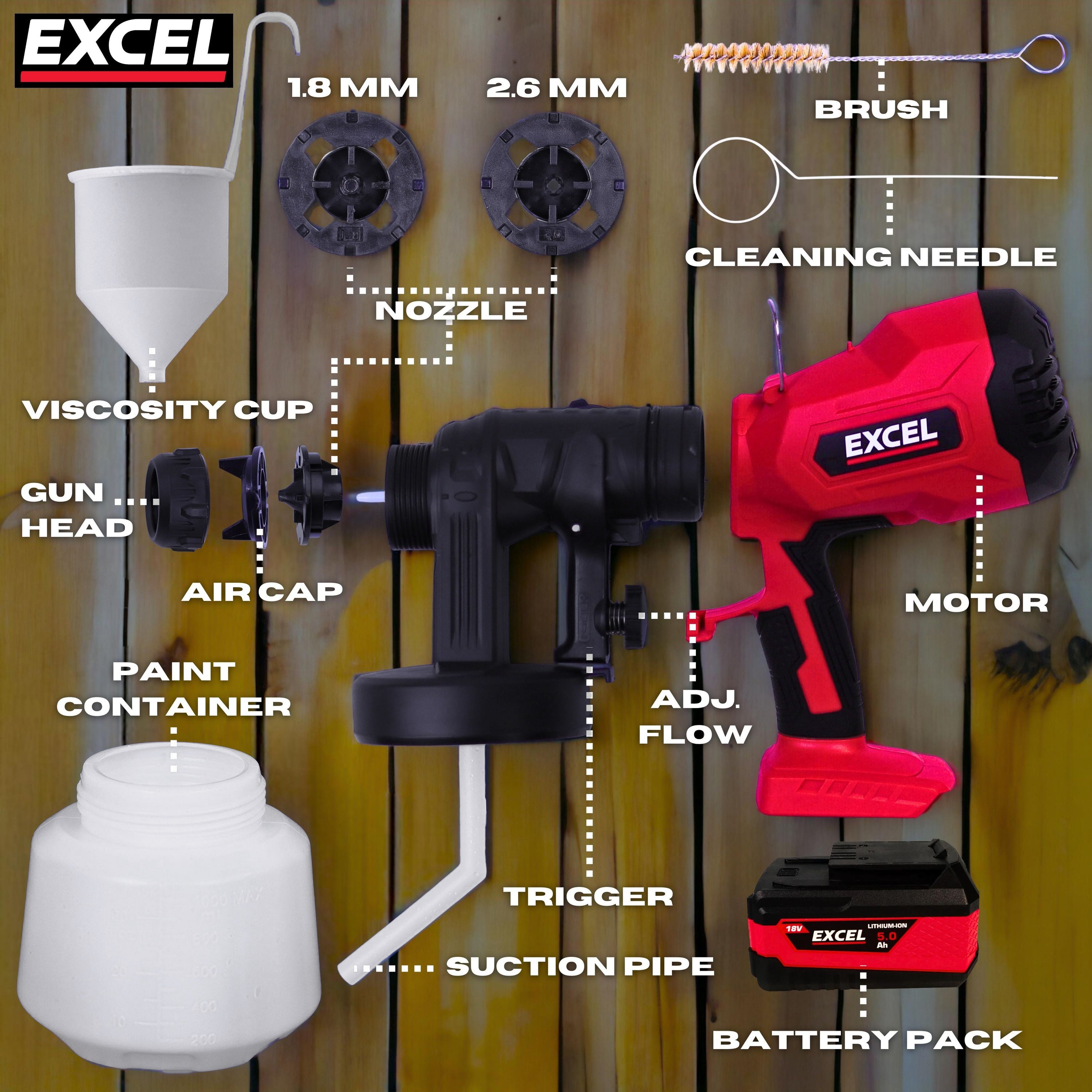 Excel 18V Cordless 1000ml Spray Gun Body Only (Battery & Charger Not Included)