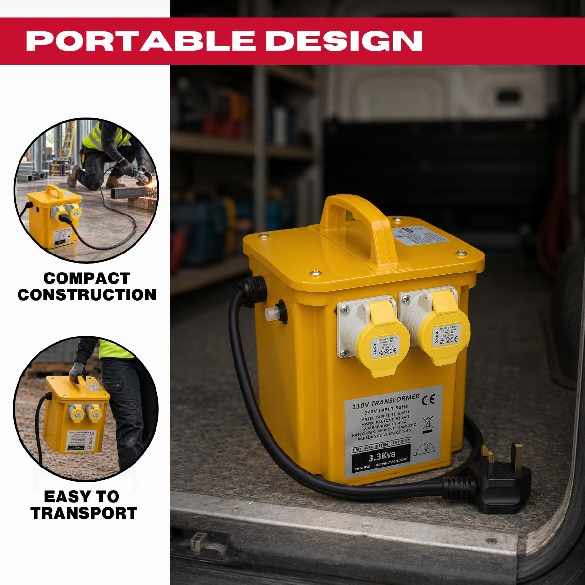Connexion 3.3kVA 110V Site Transformer with Dual 16A Sockets, 13A Plug & 1.5m Cable - 10961