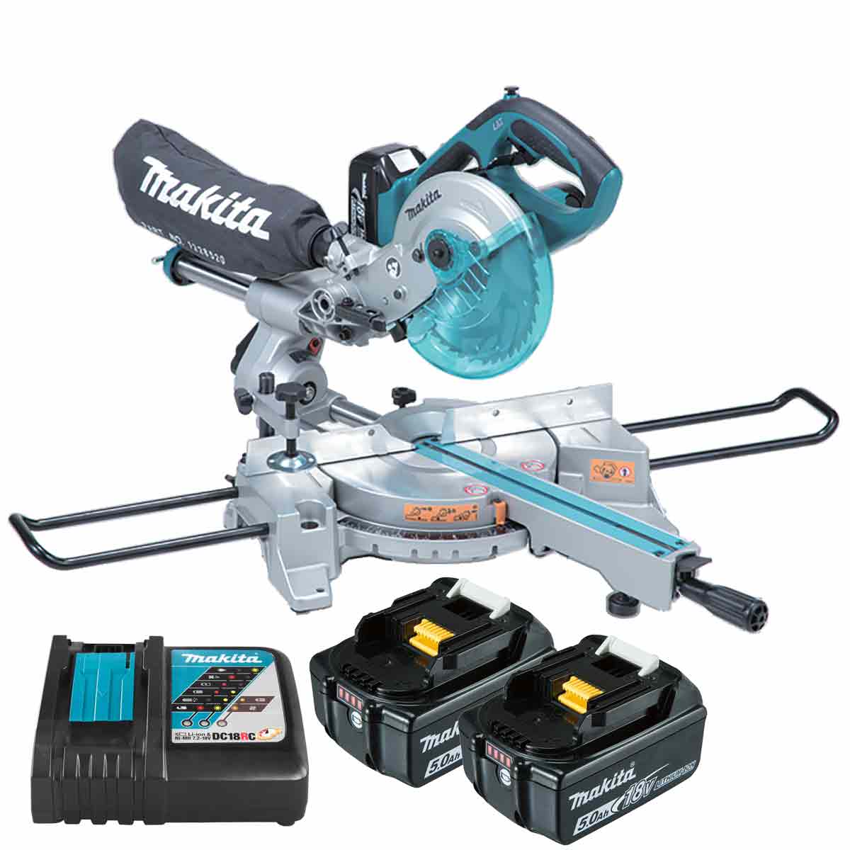 Makita DLS713NRTE 18V LXT 190mm Slide Compound Mitre Saw With 2 x 5.0Ah Batteries & Charger