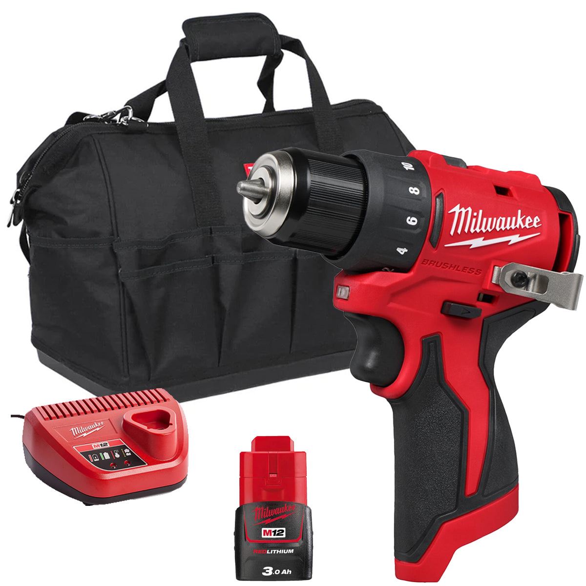 Milwaukee M12BLDDRC-0 12V Brushless Drill Driver with 1 x 3.0Ah Battery Charger & Bag