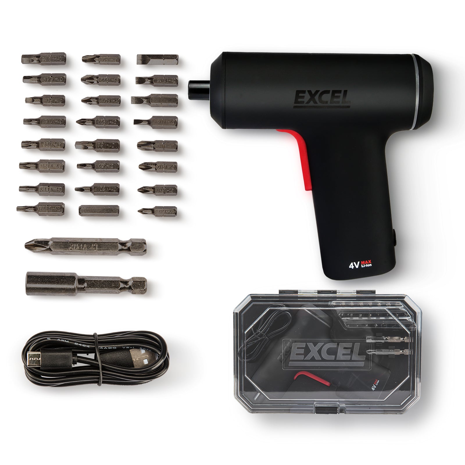 Excel Cordless Electric Screwdriver with 24 Piece 25mm Bits In Plastic Box