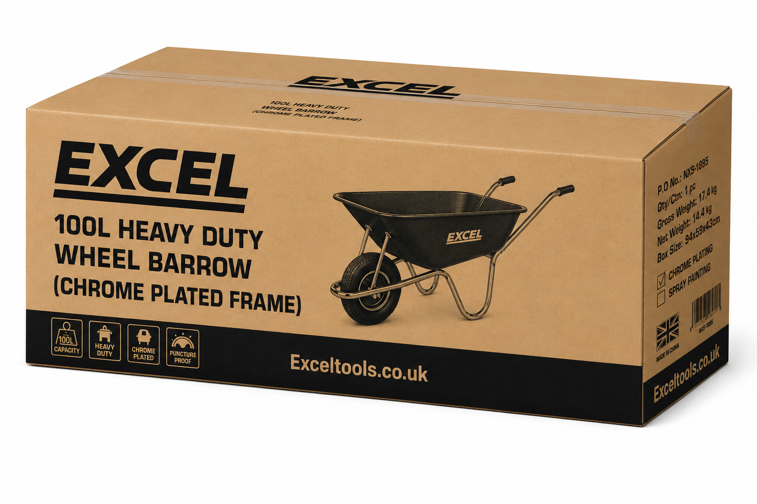Excel Heavy Duty 100L Orange Wheelbarrow with Chrome Plated Frame