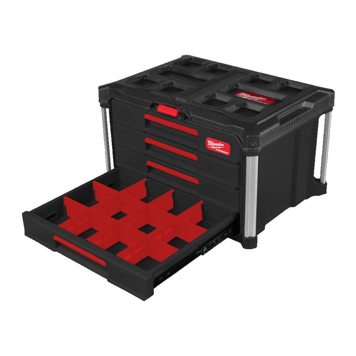 Milwaukee Packout Flat Trolley with 3, 4 Drawer Tool Box  & Vice Mountable Top