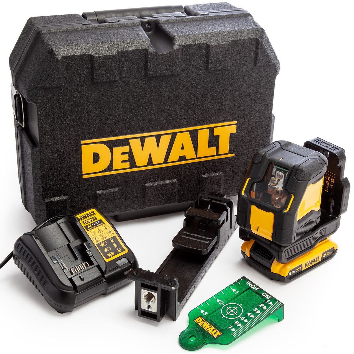 Dewalt DCLE34021D1 18V Green Cross Line Laser 1 x 2.0Ah Battery Charger with DE0735 Tripod