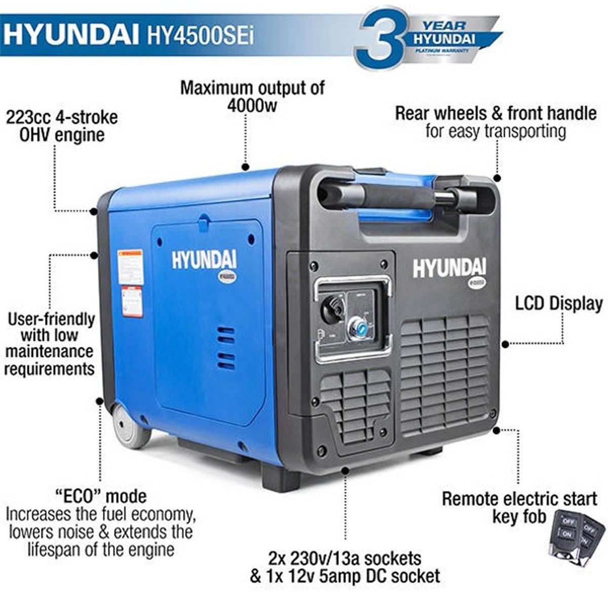 Hyundai HY4500SEI Portable Petrol Inverter Generator, Remote Keyfob & Electric Start, Wheel Kit 4000W/230V