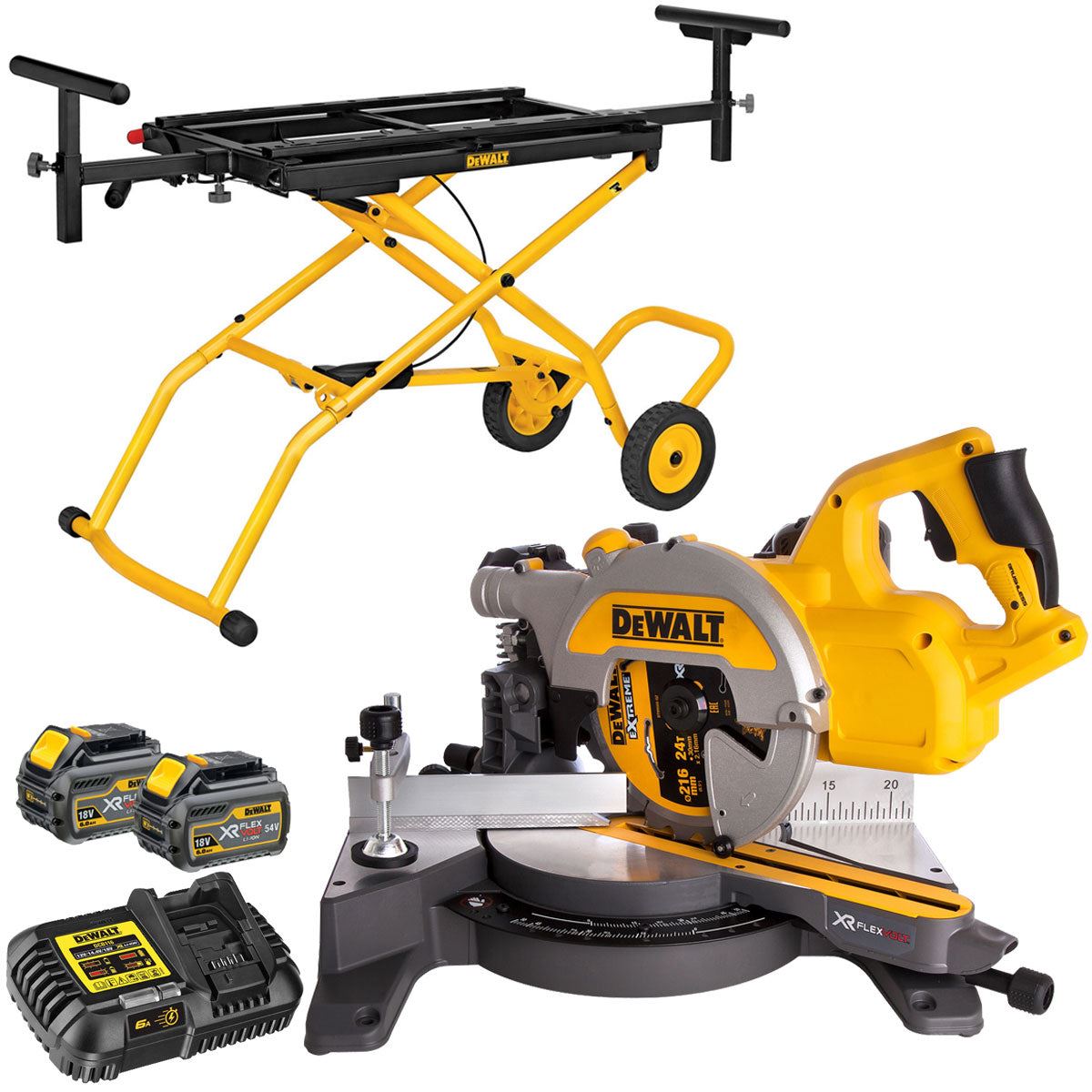 Dewalt DCS777T2 54V Brushless 216mm Mitre Saw 2 x 6.0Ah Battery Charger & Rolling Stand