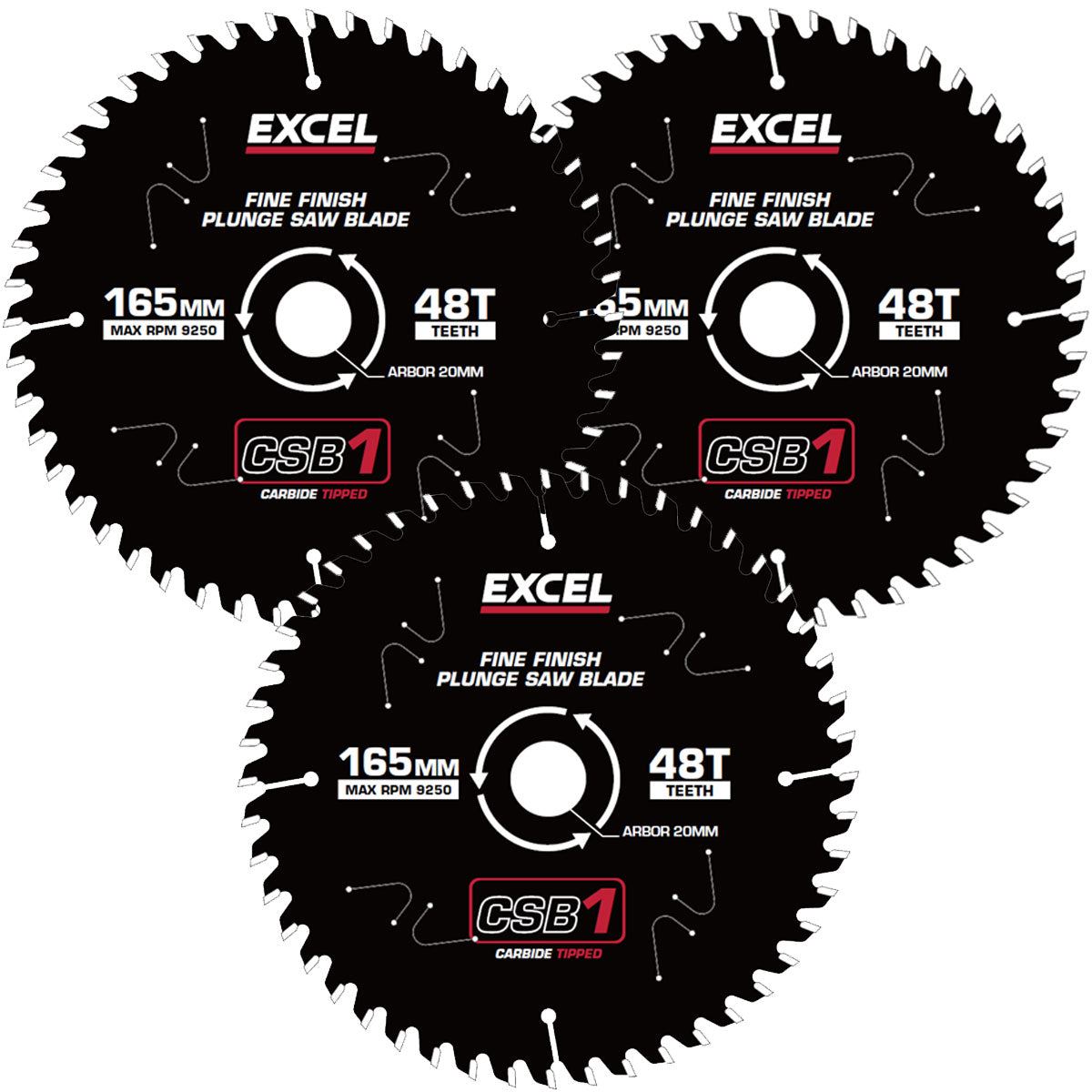 Excel 165mm Plunge Saw Blade 48T with Teflon Coating Pack of 3