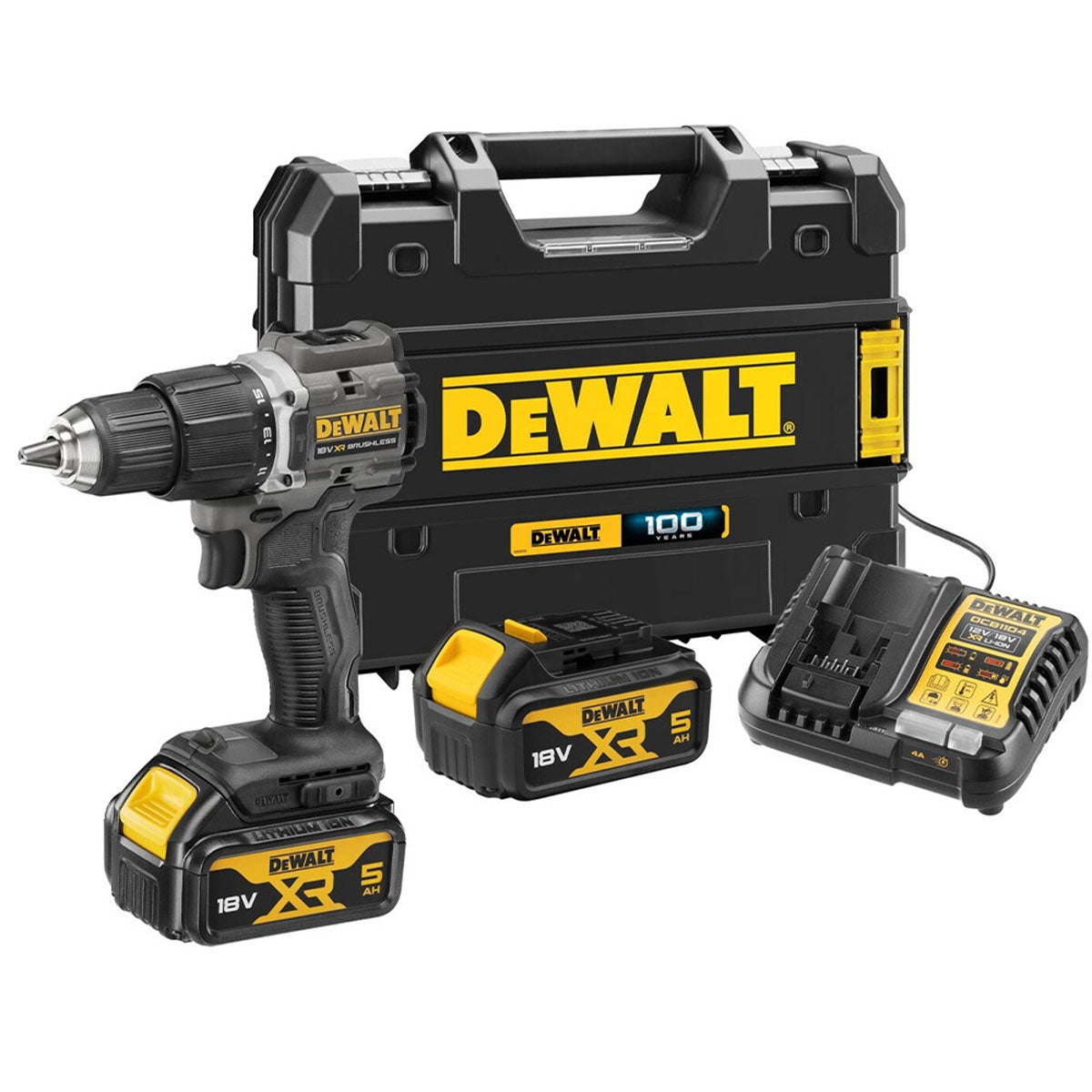 Dewalt DCD100P2T-GB 18V XR Brushless Combi Drill with 2 x 5.0Ah Batteries, Charger, TSTAK Case & Bit Set 25 Piece