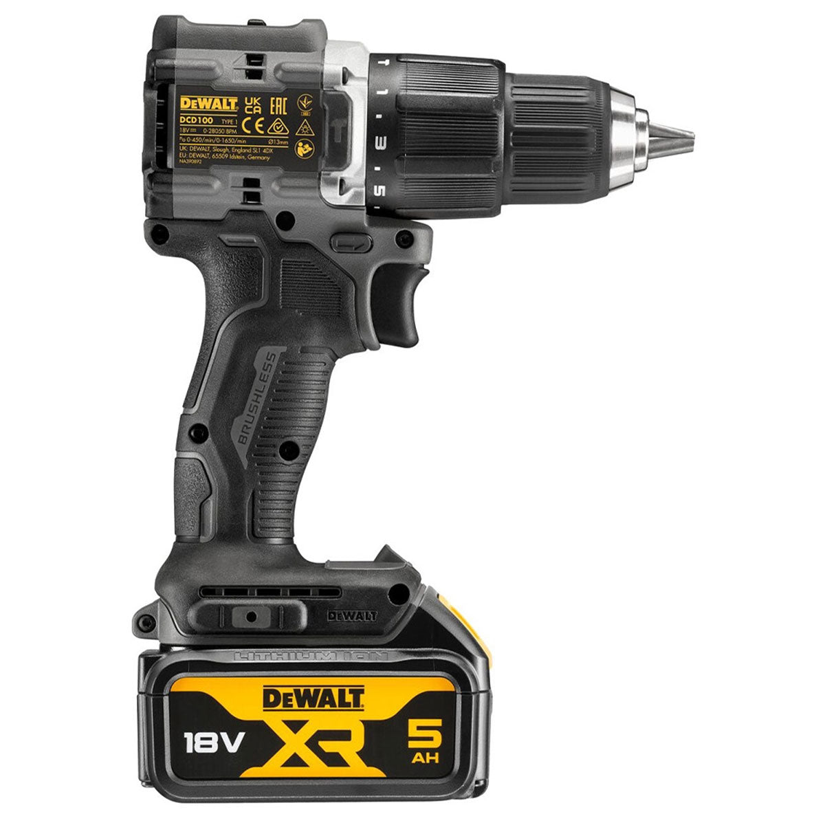 Dewalt DCD100P2T-GB 18V XR Brushless Combi Drill with 2 x 5.0Ah Batteries, Charger, TSTAK Case & Bit Set 25 Piece