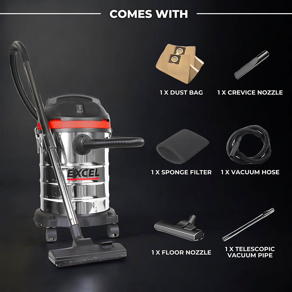 Excel 30L Wet & Dry Vacuum Cleaner 240V/1400W Without Power Take Off Socket