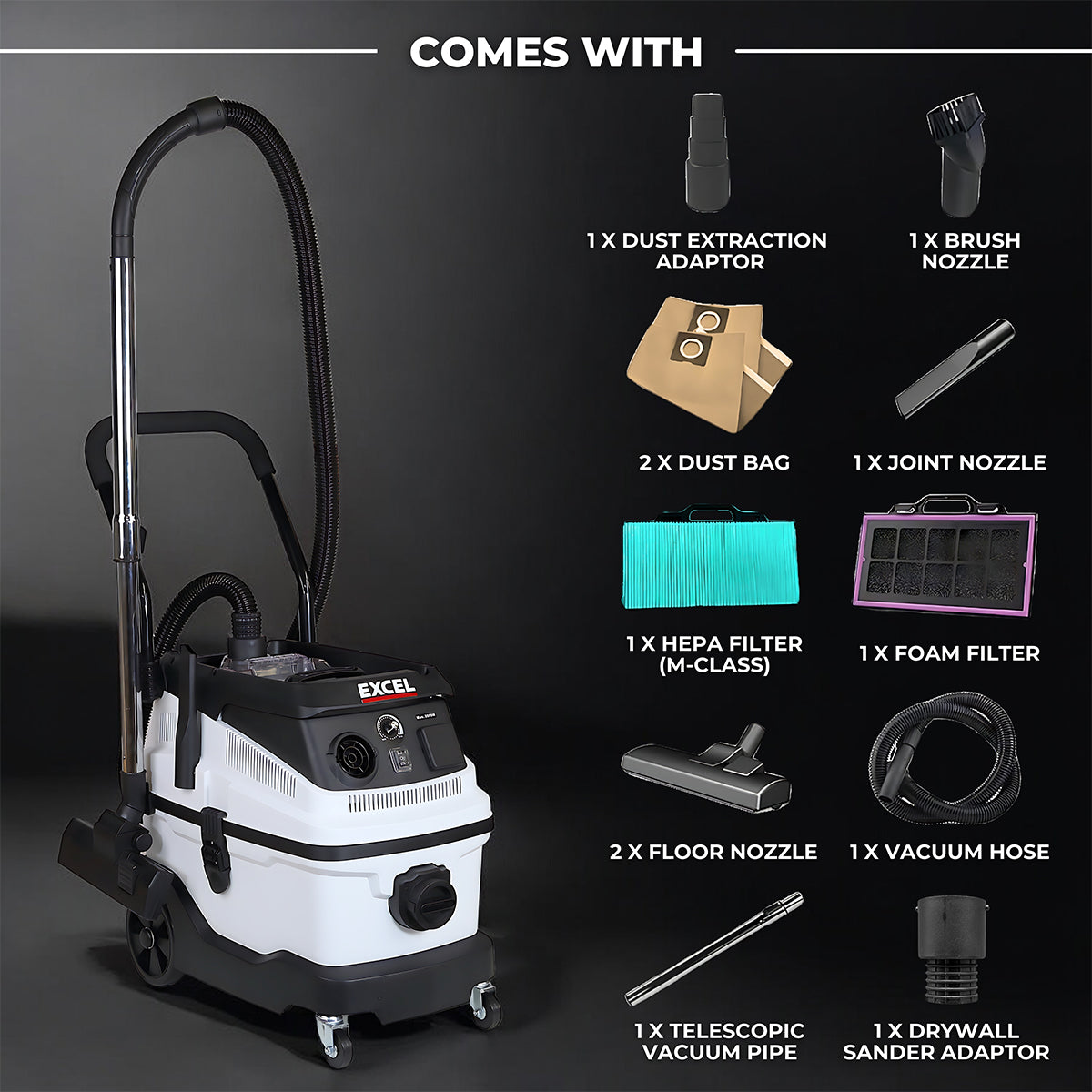 Excel 30L Mobile Dust Extractor Wet & Dry Vacuum Cleaner 240V/1600W