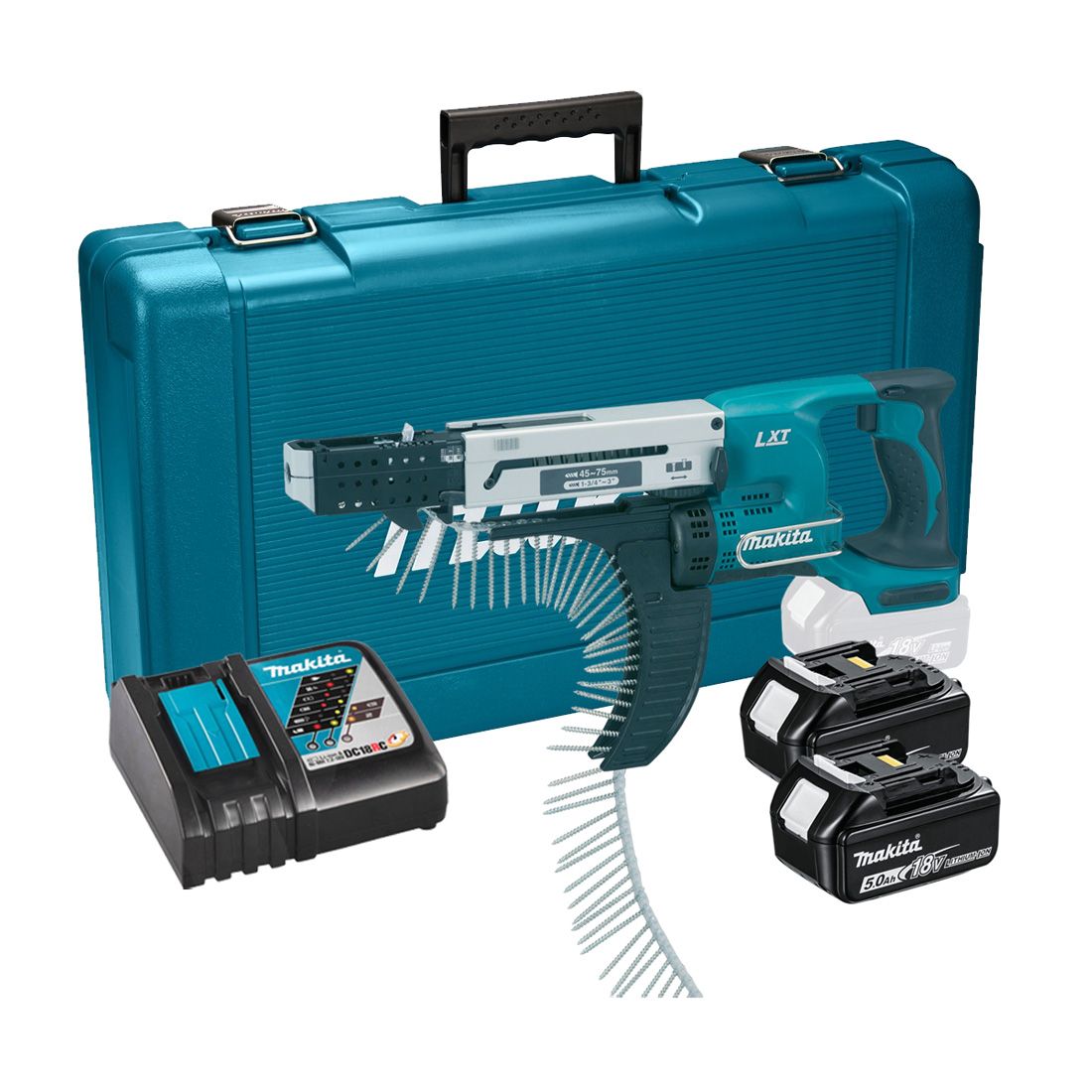 Makita DFR750RTE 18V 45 – 75 mm Auto-Feed Screwdriver With 2 X 5.0Ah Batteries Charger & Case