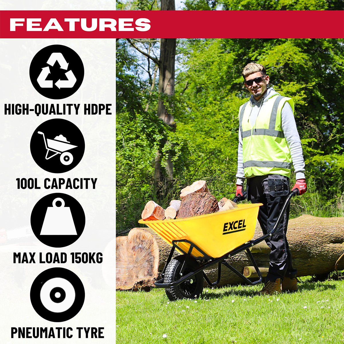 Excel Heavy Duty 100L Yellow Wheelbarrow HDPE Plastic Tray