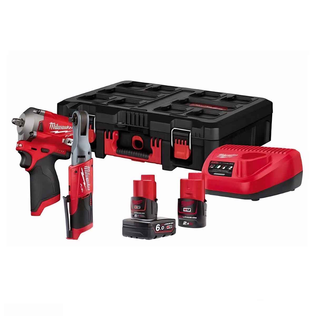 Milwaukee M12FPP2H-622P 12V Fuel Brushless 3/8" Impact Wrench and Ratchet with 2 x Battery Charge & Case 4933471743
