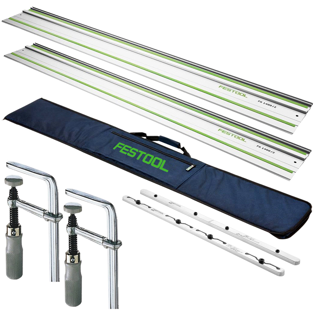 Festool 2 x FS 1400/2 1400mm Guide Rail - 491498 With Connector, Clamp & Guide Rail Bag