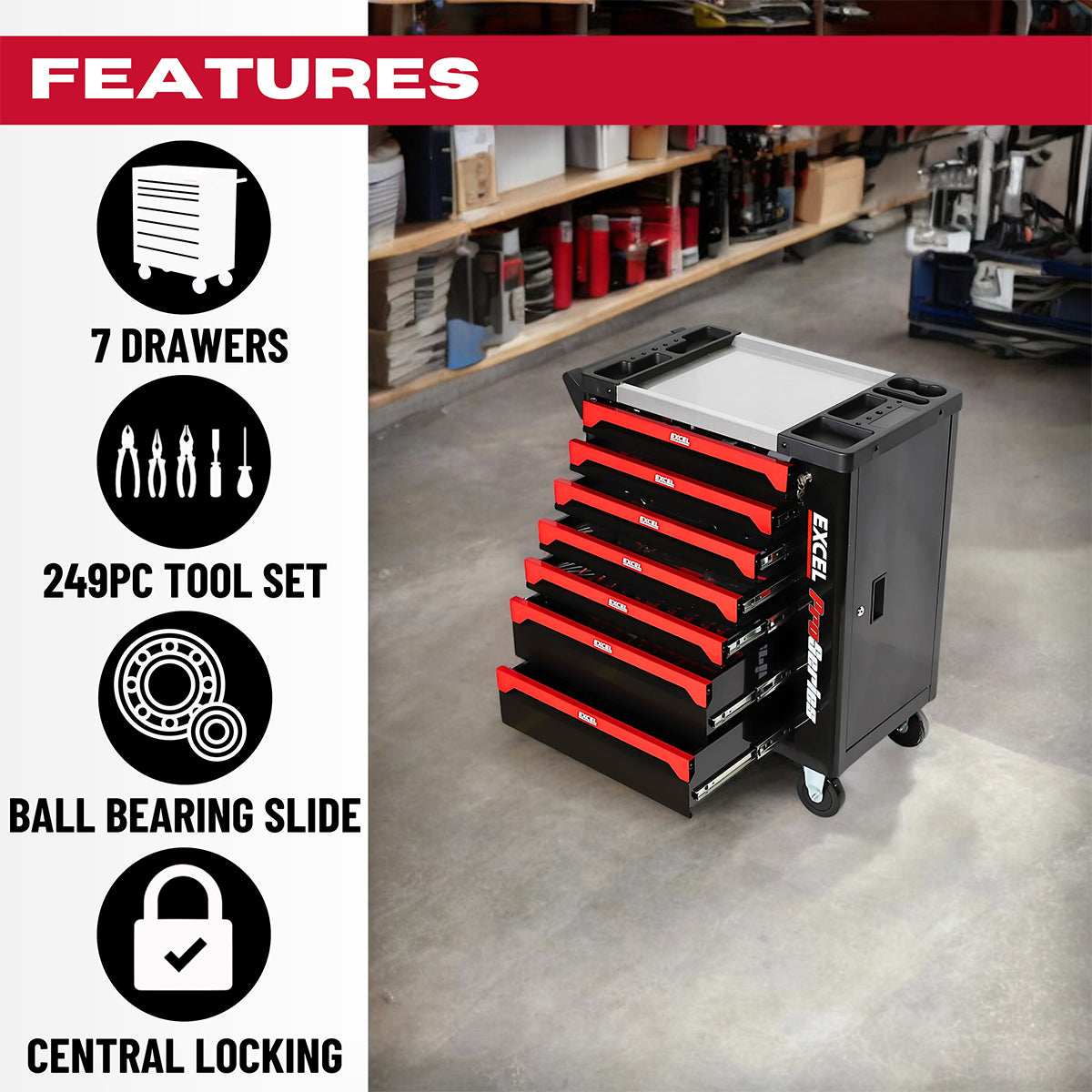 Excel 7 Drawers Tool Chest Storage Roller Cabinet with 249 Piece Tool Set Item Condition Damaged Box