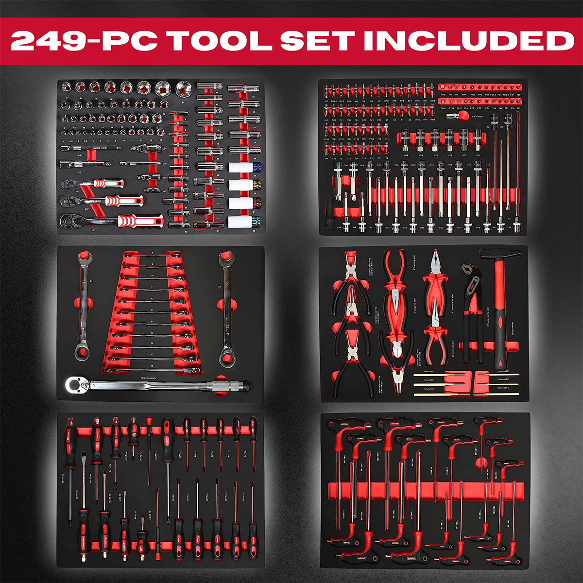 Excel 7 Drawers Tool Chest Storage Roller Cabinet with 249 Piece Tool Set Item Condition Damaged Box