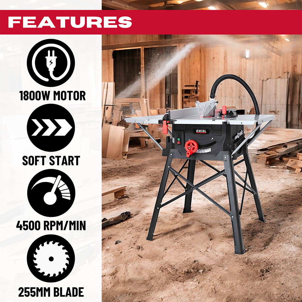 Excel 255mm Table Saw - 240V/1800W with Leg Stand, Side Extensions & Blade