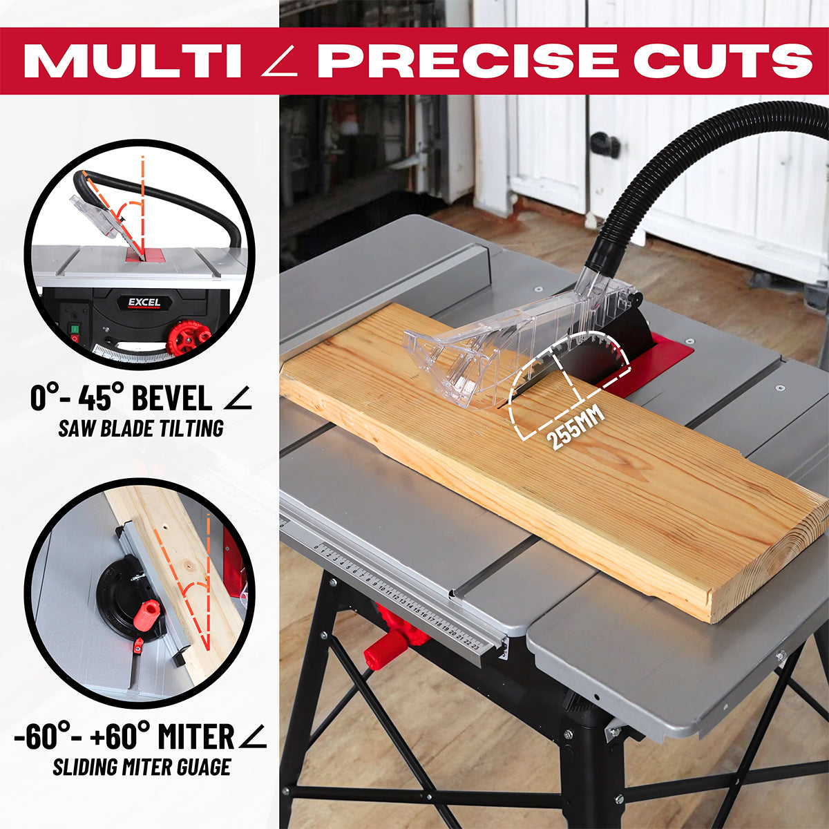 Excel 255mm Table Saw - 240V/1800W with Leg Stand, Side Extensions & Blade