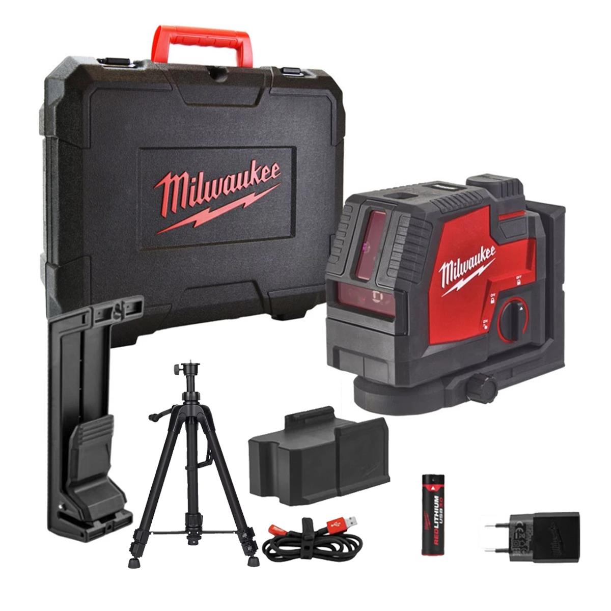 Milwaukee L4CLLP-301C Green Cross Line Laser with 1.2m Compact Laser Tripod & Plumb Points