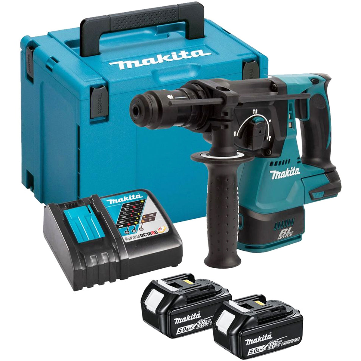 Makita DHR243RTJ 18V LXT Brushless 24mm SDS-PLUS Rotary Hammer Drill With 2 x 5.0Ah Battery, Charger & Case