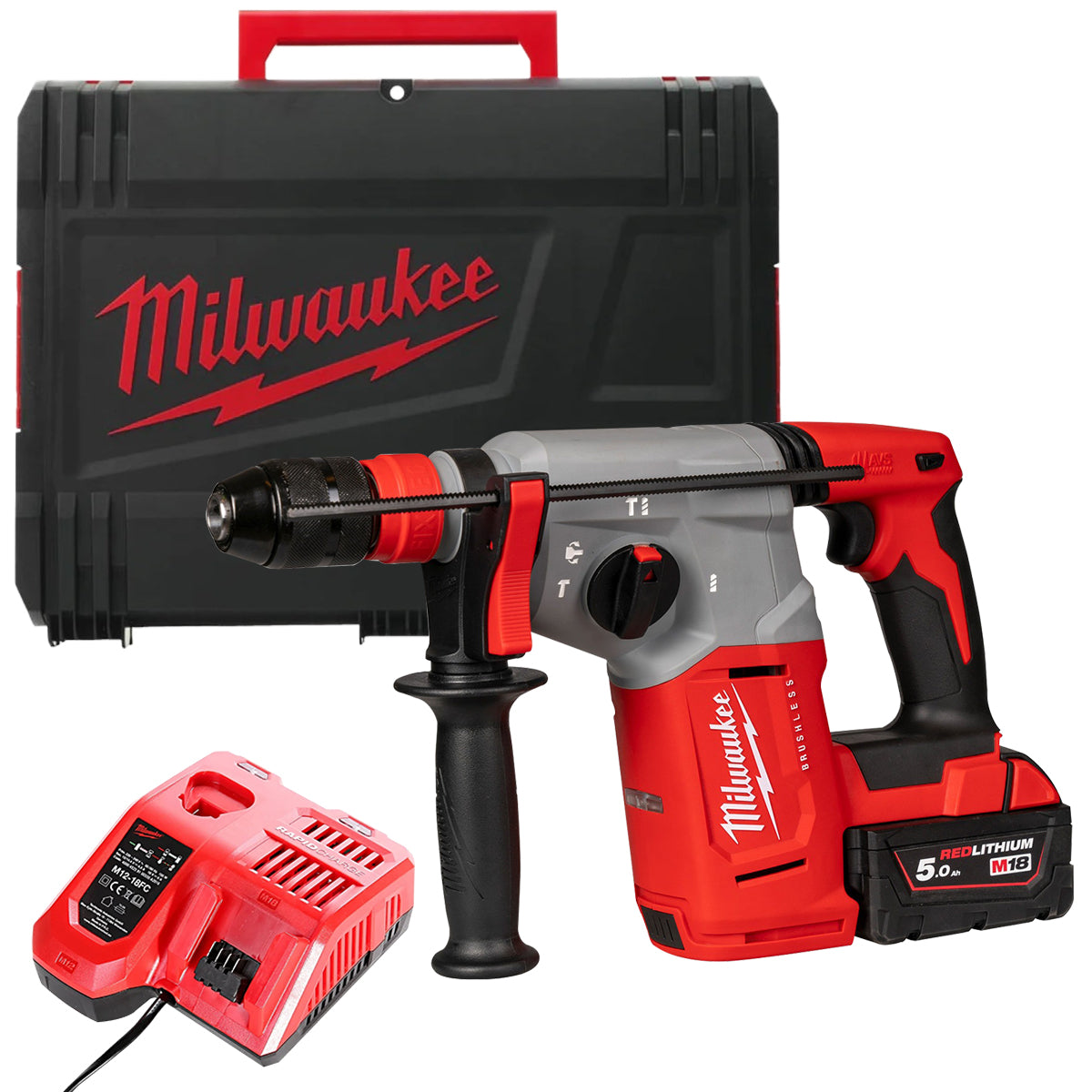 Milwaukee M18BLHX-501X 18V Brushless SDS+ Hammer Drill with 1 x 5.0Ah Battery Charger & Case