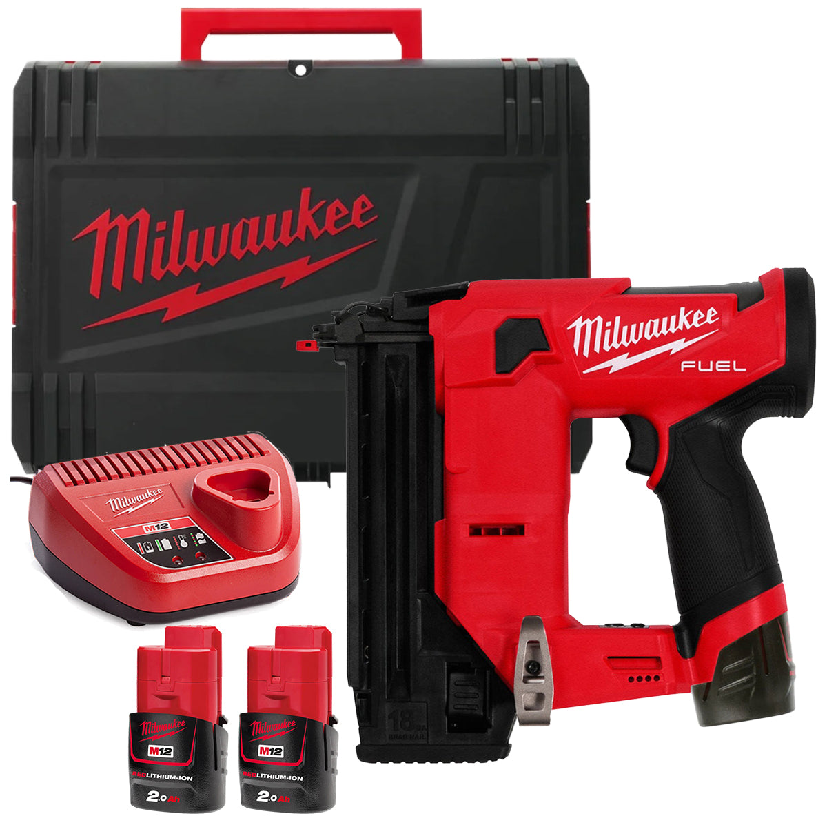 Milwaukee M12FCN18GS-202X 12V Fuel Brushless 18GA Straight Brad Nailer with 2 x 2.0Ah Battery Charger & Case 4933493356