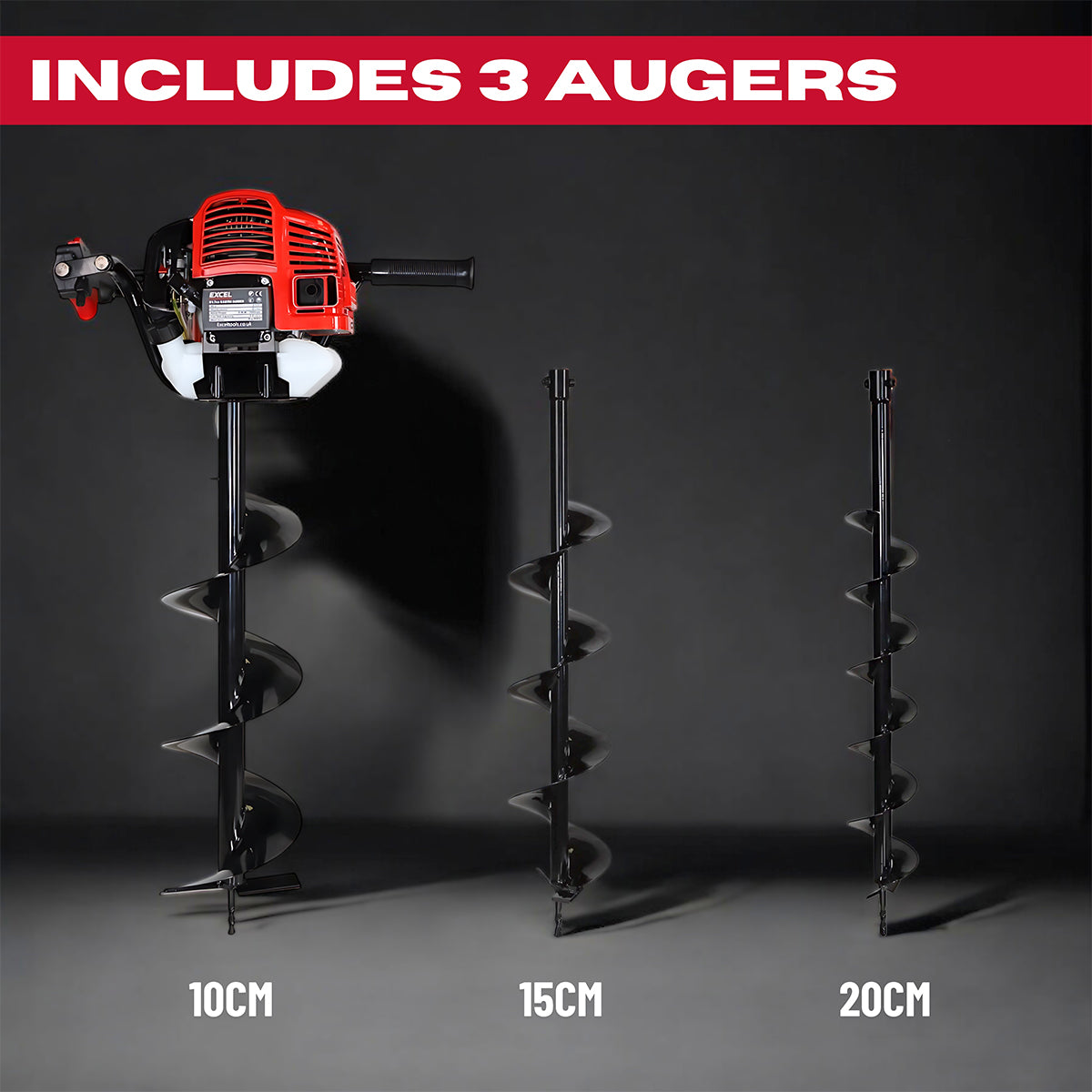 Excel 52cc Petrol Earth Auger with 3 Augers