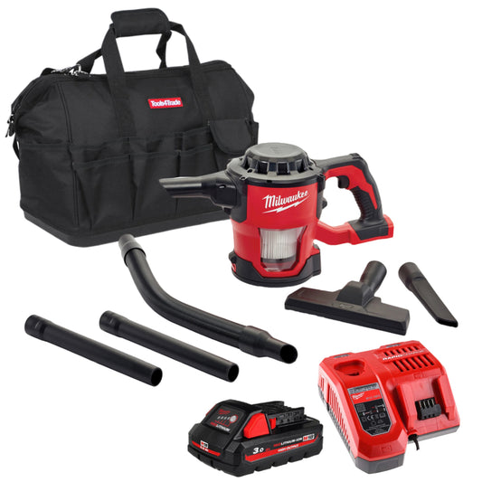 Milwaukee M18CV-0 18V Compact Hand Vacuum with 1 x 3.0Ah Battery Charger & Bag