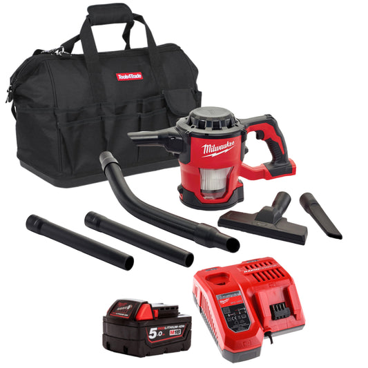 Milwaukee M18CV-0 18V Hand Vacuum with 1 x 5.0Ah Battery Charger & Bag