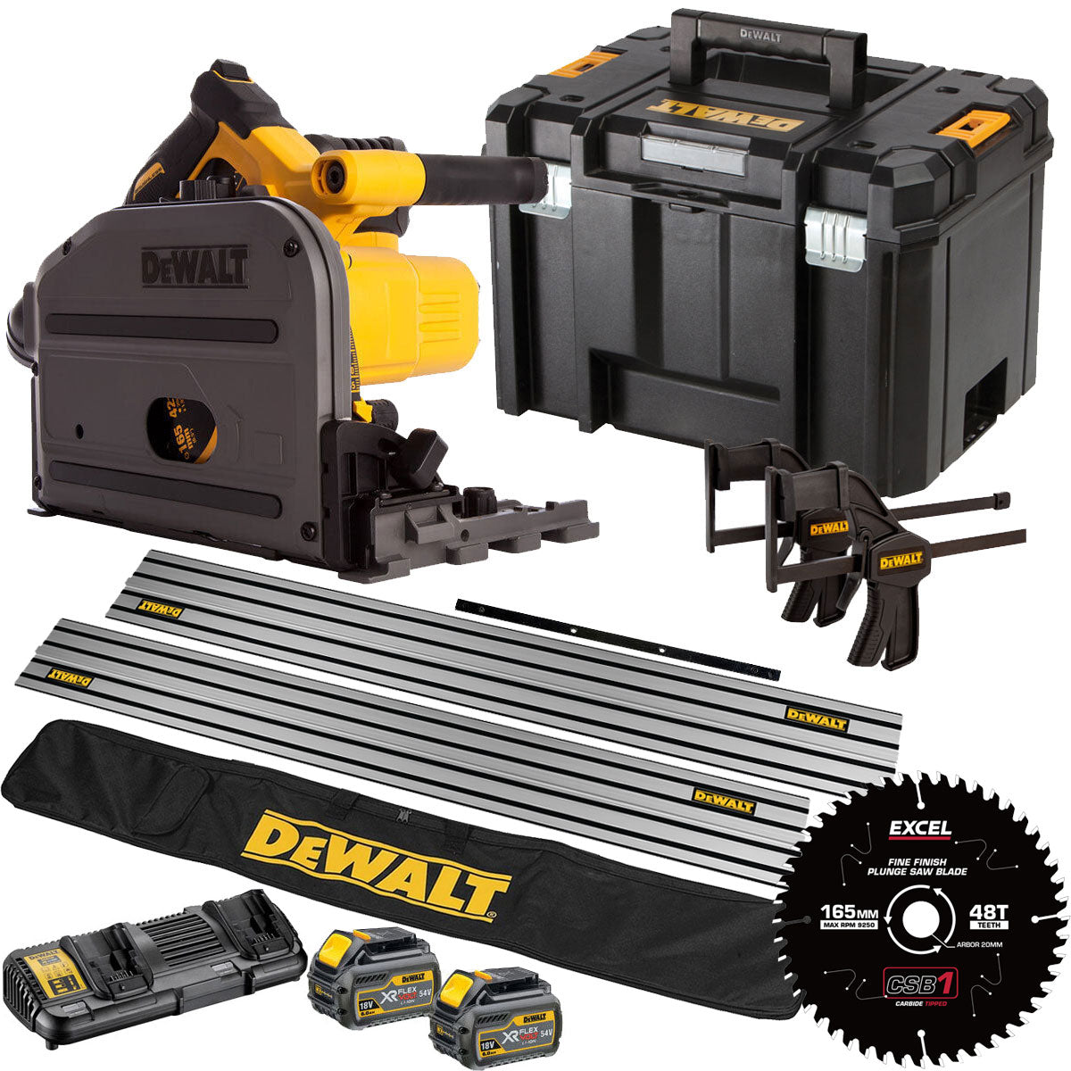 Dewalt DCS520T2 54V Flexvolt Brushless 165mm Plunge Saw 2 x 6.0Ah Battery Dual Port Charger Case, Accessories with Blade
