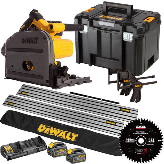 Dewalt DCS520T2 54V Flexvolt Brushless 165mm Plunge Saw 2 x 6.0Ah Battery Dual Port Charger Case, Accessories with Blade