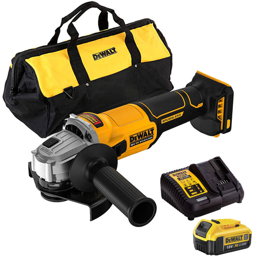 Dewalt DCG407N 18V XR Brushless 125mm Angle Grinder with 1 x 4.0Ah Battery Charger & Bag